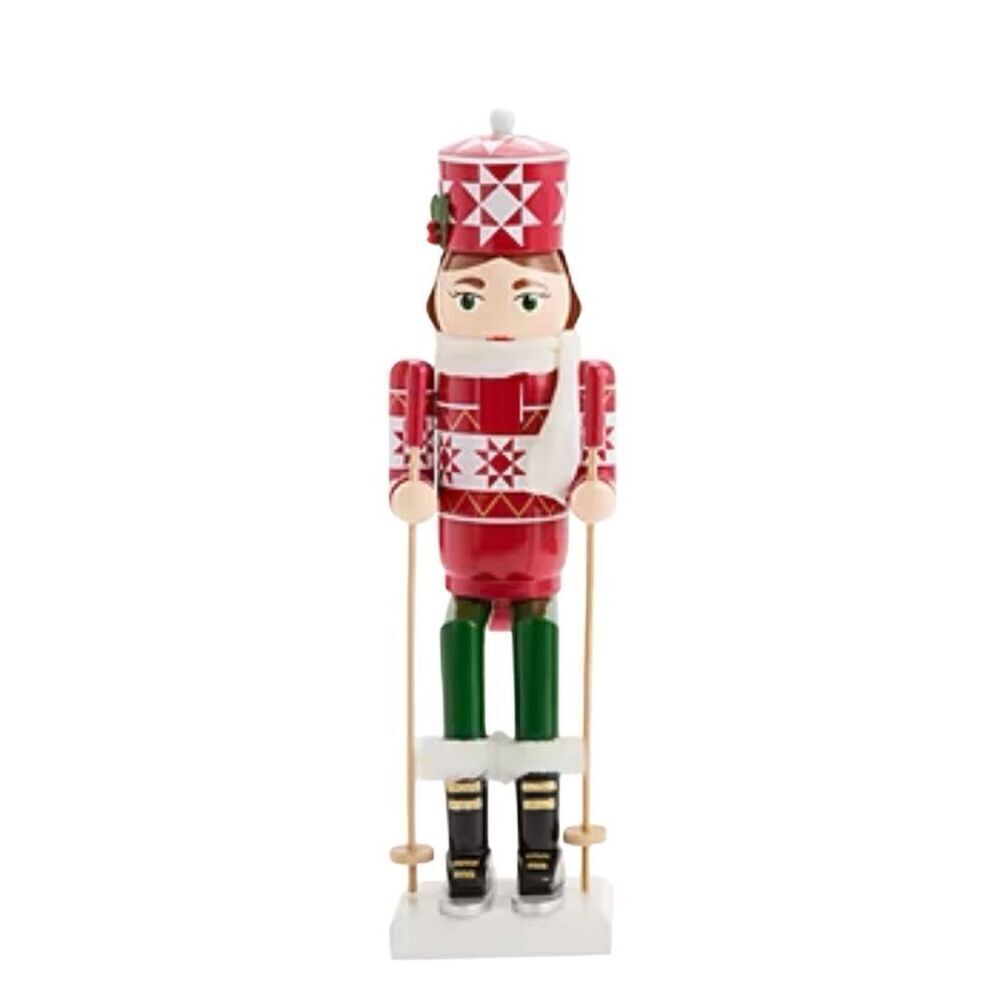 Ski Girl Wood Nutcracker 14” Women Kids Christmas Home Decor New